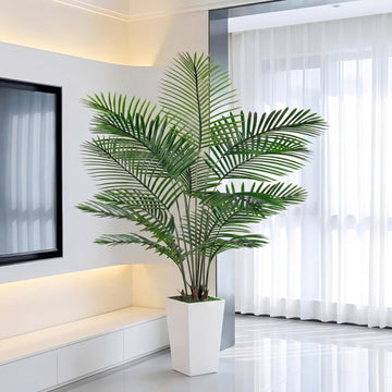 6FT Artificial Palm Tree, Palm Tree 72in Tall Faux with 15.7 White Planter, Fake Potted Tree with Lifelike Leaves