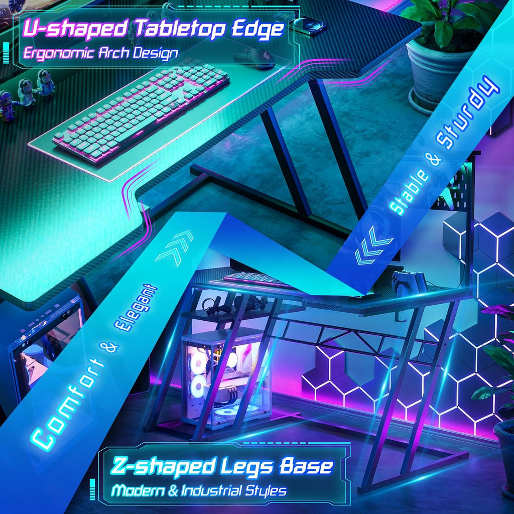 Gaming Computer Desk with Shelves and Outlets, Gaming Desk with Hutch and LED Lights, Reversible PC Gaming Desks with
