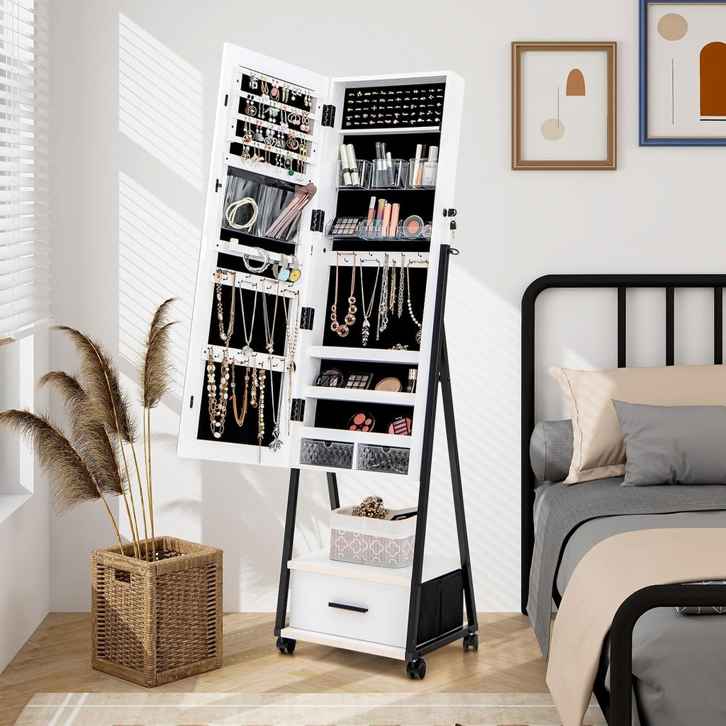 Rolling Jewelry Armoire Cabinet, Full Length Mirror with Storage, Floor Standing Lockable Jewelry Cabinet