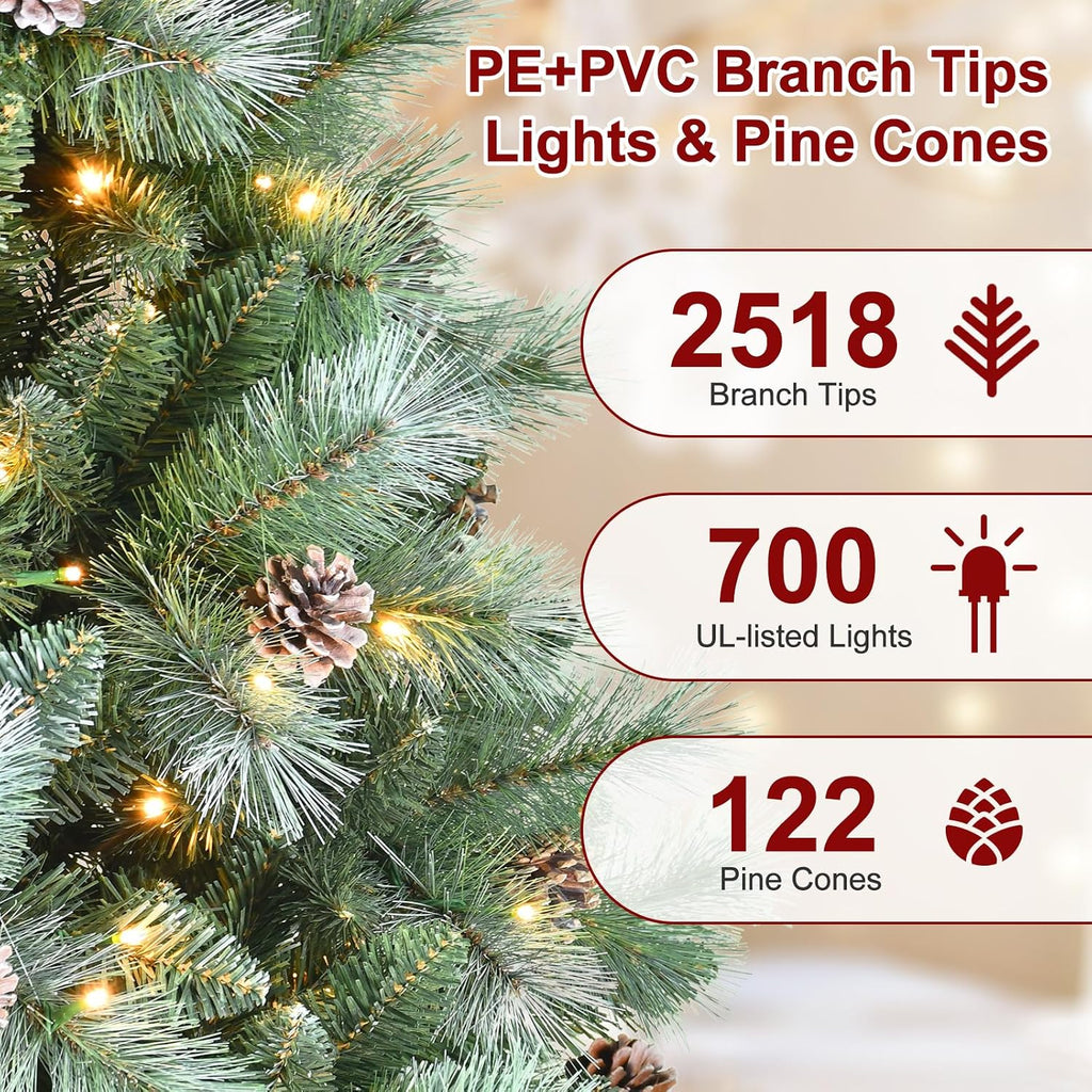 Blusxwish Snow Tips Prelit Christmas Tree with Pine Cones, Premium Artificial Xmas Tree with Warm White Lights