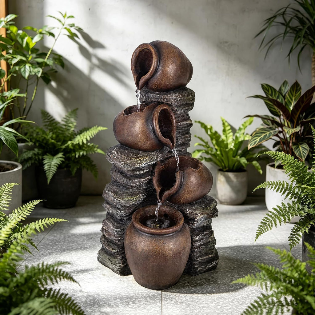24.8" H Rock & Jar Cascading Water Fountain Outdoor/Indoor, Floor Standing Waterfall Fountain