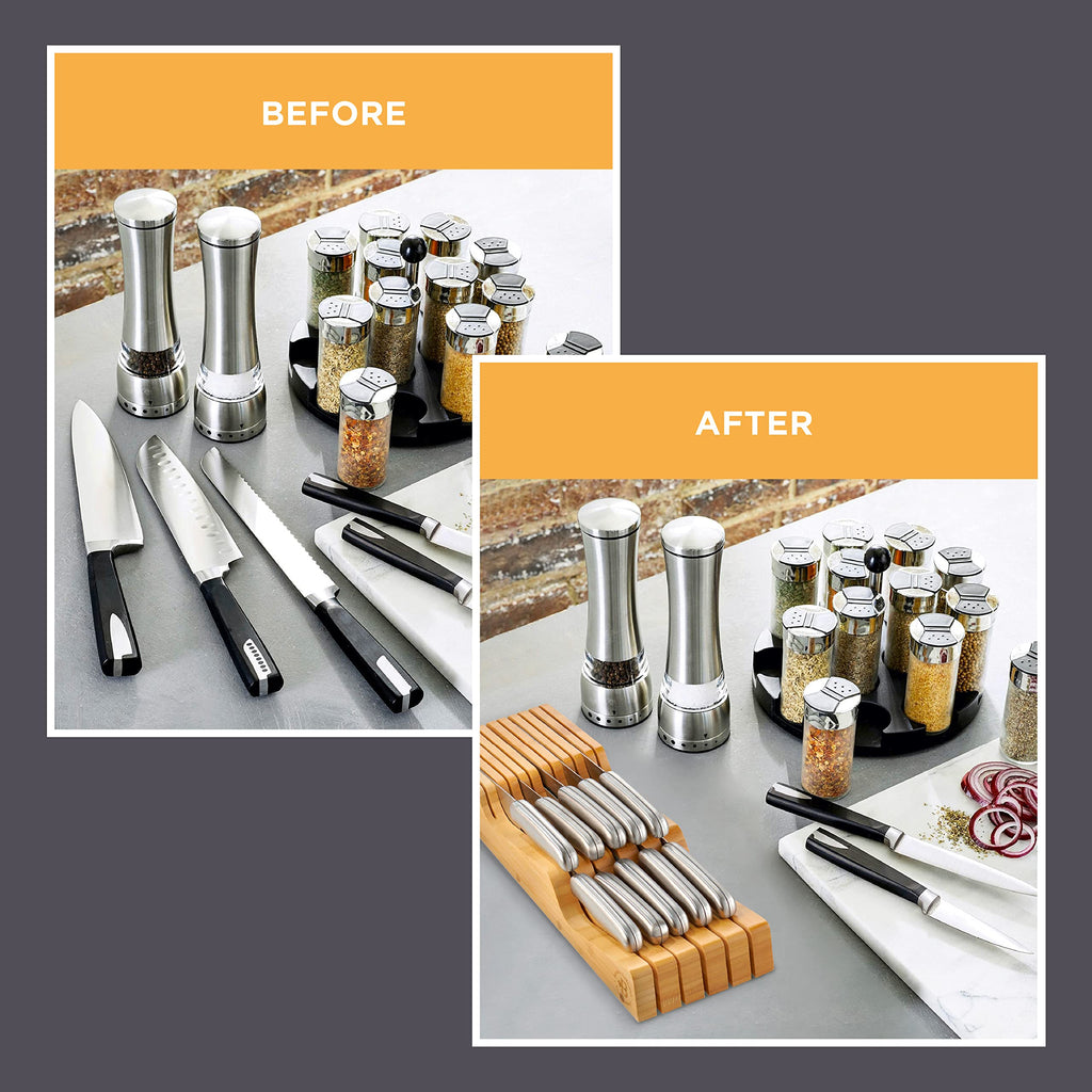 Knife Drawer Organizer 16 Slot In-Drawer Knife Block Holder, Bamboo