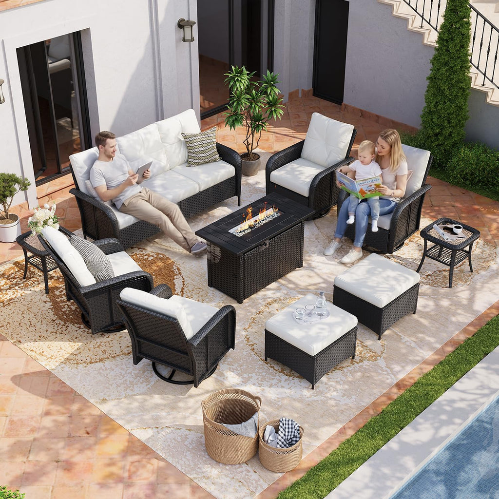 10-Piece Patio Furniture Set with 44'' Fire Pit Table, Luxury Outdoor Patio Furniture Set with 360° Swivel Chairs