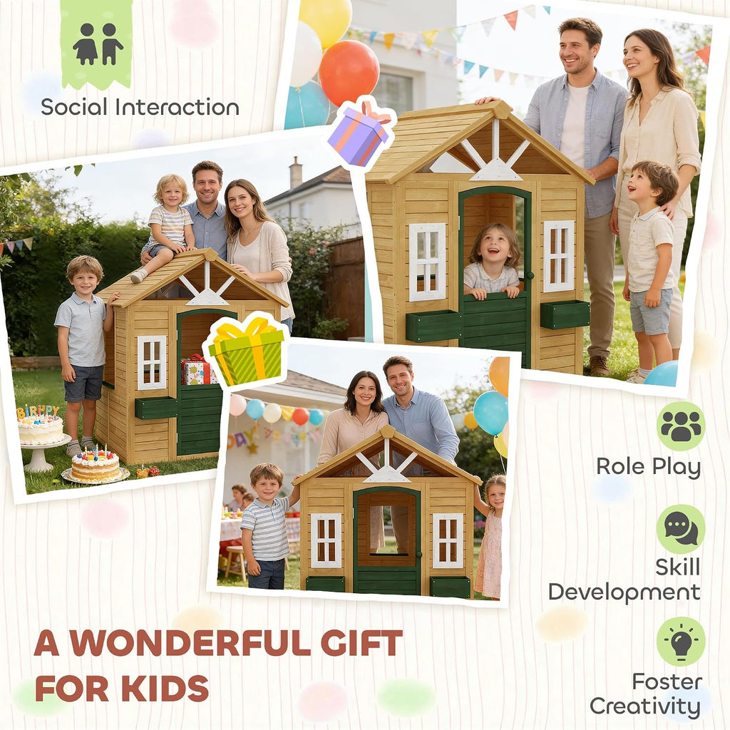 Outdoor Playhouse Wooden Kids Playhouse Functional Door Ages 3-8 Brown | Three Windows, Two Flower Boxes, Kids