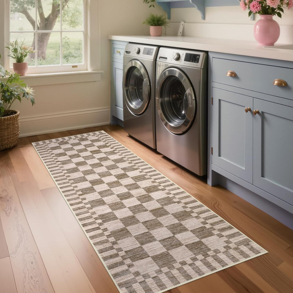 2x6 Kitchen Runner Rug Non Slip Washable Runner Rug | Brown Checkered Rug Soft Low-Pile Geometric Tan Print Modern
