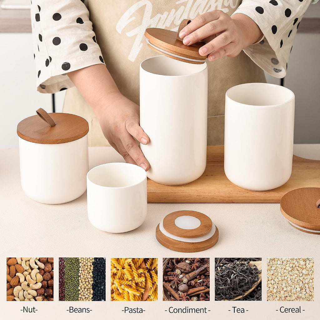 White Ceramic Canister Set with Bamboo Lids, 4-Piece Airtight Food Storage Jars - Flour, Sugar, Coffee, Tea, Spice - Set of 4