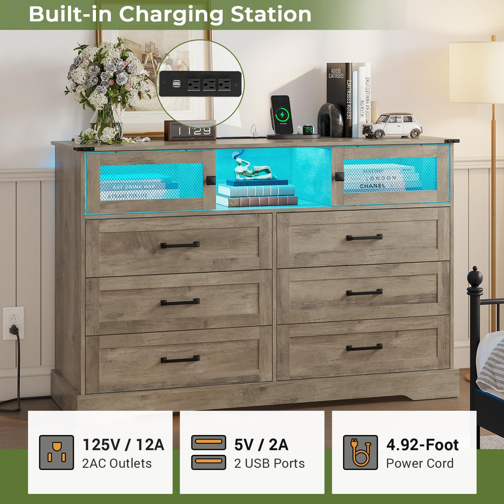 6 Drawer with LED Lights and Charging Station, Farmhouse Chest of Drawers Closet Organizer, Clothes Storage Cabinet