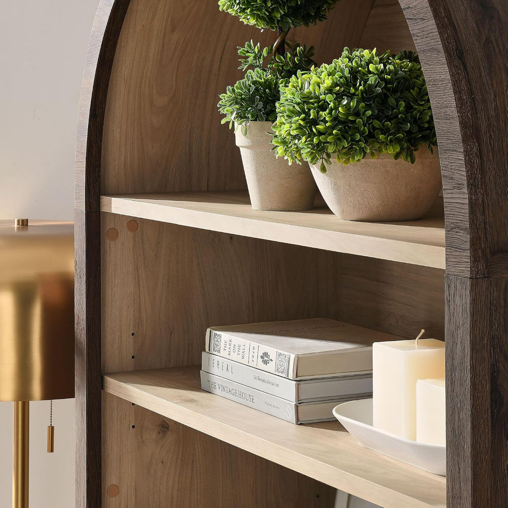 Nolan Tall Arched Storage Display Cabinet in Dark Walnut - 74 Inch Arch Bookshelf with Open and Closed Shelving