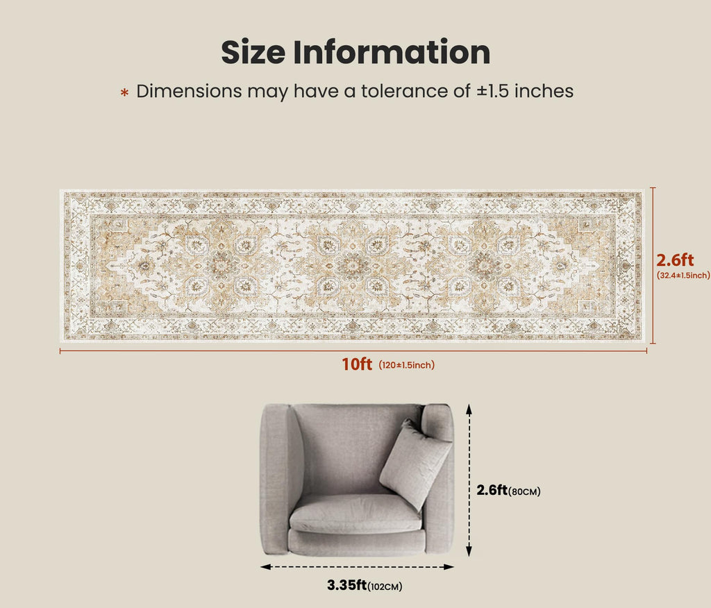 Washable Runner Rug, Beige, Vintage Style