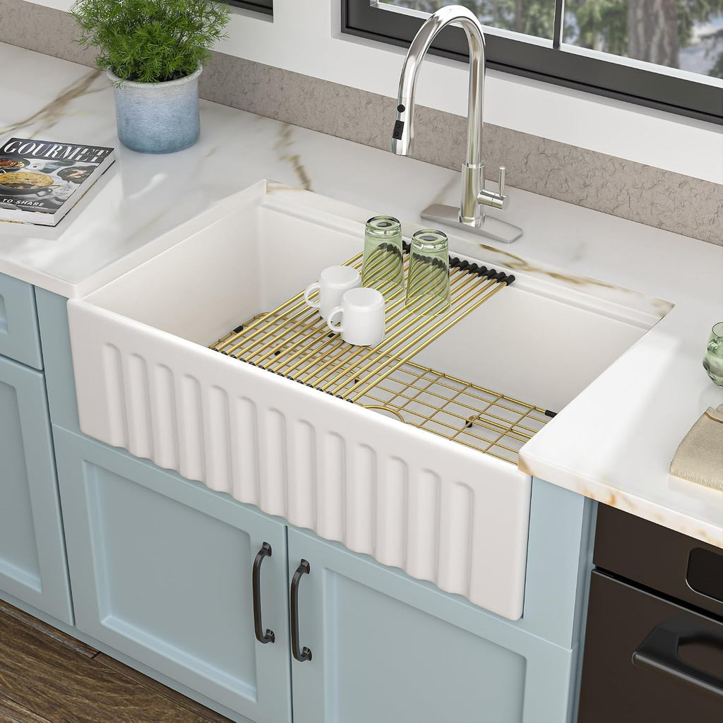 30 White Farm Sink Workstation - 30 Inch Farmhouse Kitchen Sink Workstation with Slide Ledge Apron Front Reversible