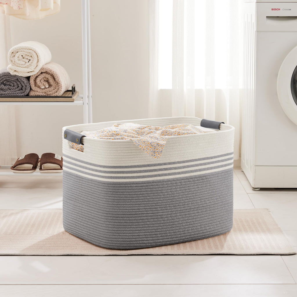 100L Large Woven Laundry Basket Hamper with Leather Handles,Grey