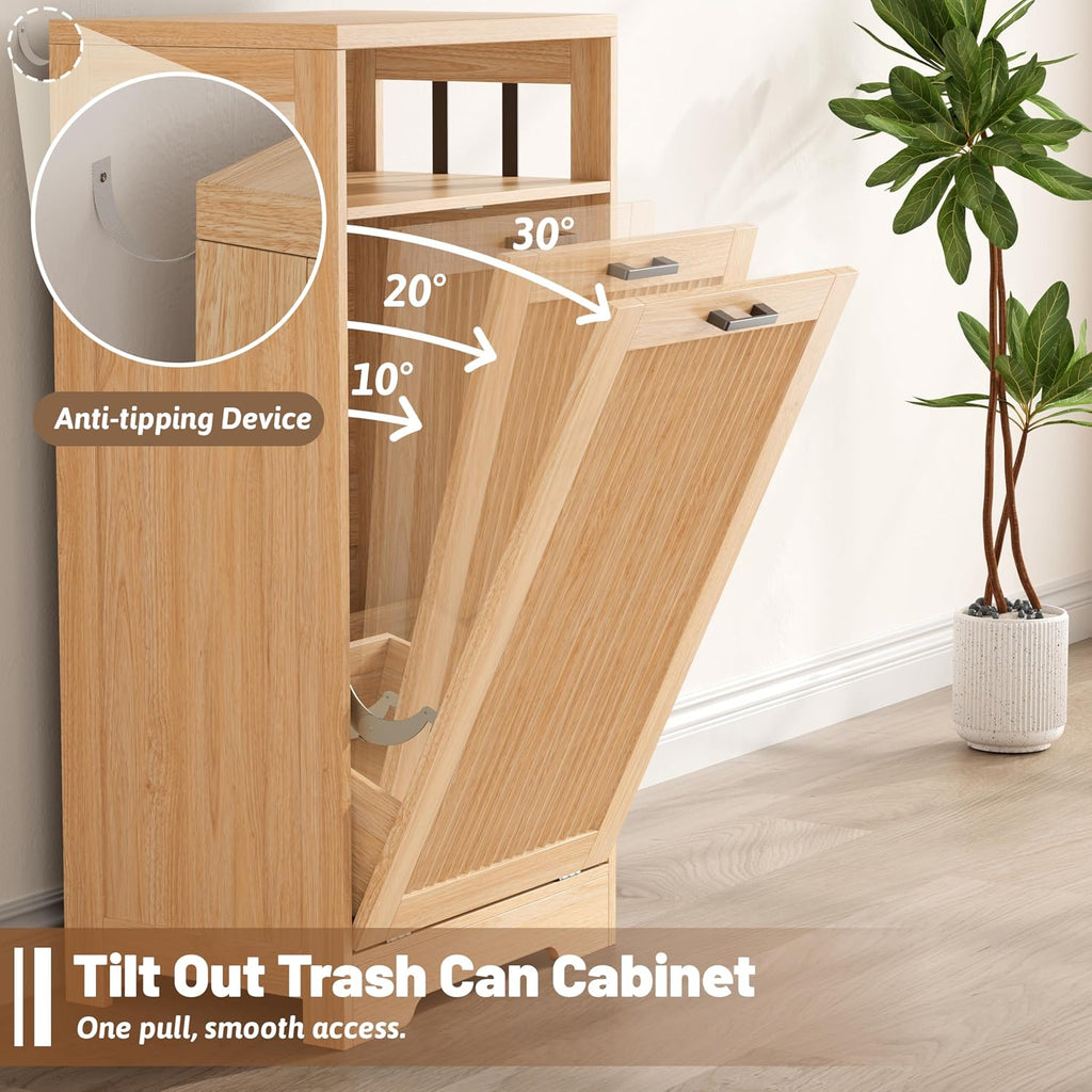 13 Gallon Tilt Out Trash Can Cabinet with Open Shelf & Storage - Pet Proof Hidden Recycling Cabinet & Wooden Laundry
