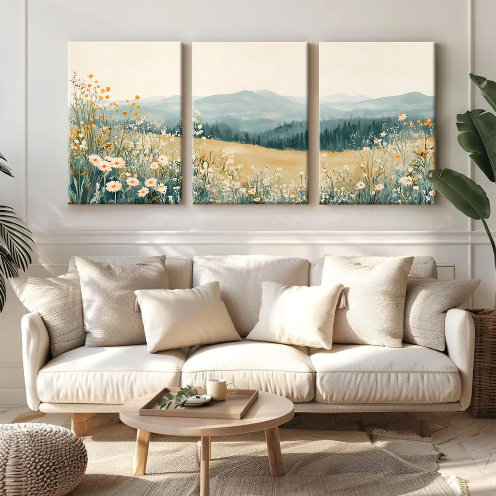Boho Mountain Flower Wall Art Green Daisy Landscape Canvas Wall Decor Abstract Wildflower Art Prints Watercolor