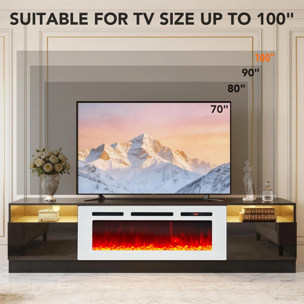90" Fireplace TV Stand for TVs Up to 100", LED Light Entertainment Center with 50" Electric Fireplace, Modern Wood