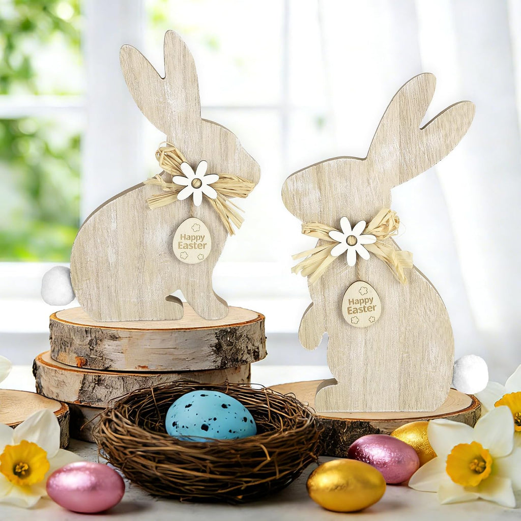 Easter Wooden Bunny Table Decor,Farmhouse Rabbit with Pompom Ball Table Centerpiece Signs,Easter Tiered Tray - Set of 2
