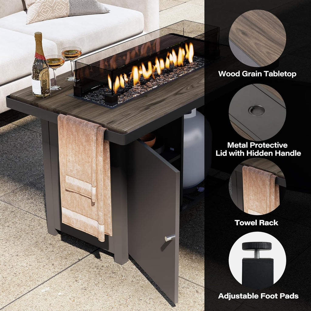 Propane Fire Pit Table 43 Inch with Lid, 55,000 BTU Gas Fire Pits for Outside Patio with Glass Wind Guard