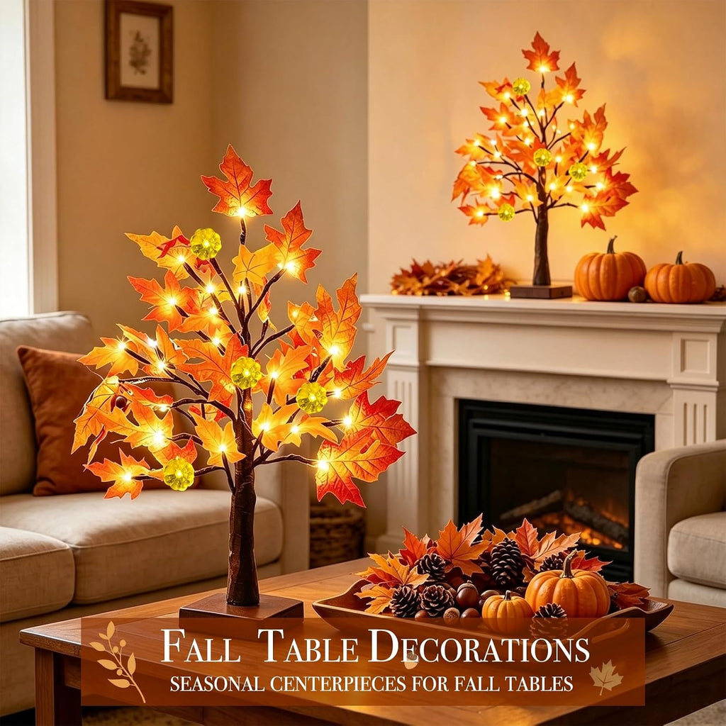 Fall Decor 2 Pack 18 Inch Prelit Fall Maple Tree 48 LEDs Timer - Set of 2