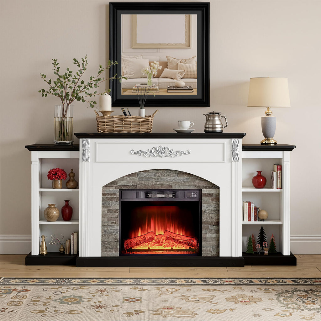 72" Electric Fireplace TV Stand with Storage, Black & White Mantel with Silver Carved Accents, Stacked Stone