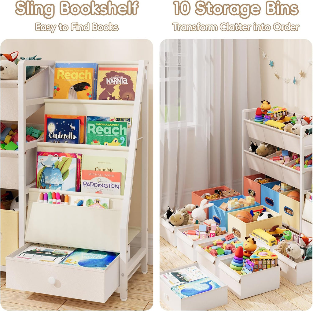 Toy Storage Organizer - Kids Bookshelf with 3 Shelf and 10 Storage Bins | Montessori Playroom Storage for Toddler
