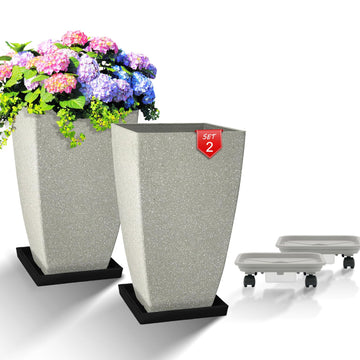Set of 2 Large Tall 21 Inch Planter Pots Indoor/Outdoor-Matte Grey Square Flower Planters with Tray, Front Door