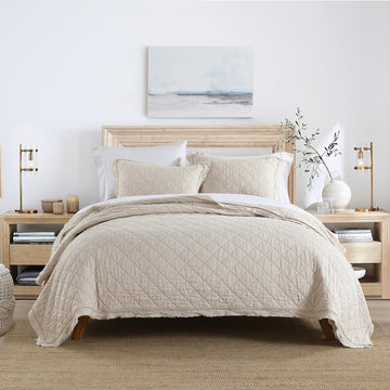 100% Linen Front/100% Cotton Back Quilt Set, Pre-Washed Flaxen Bedspread Coverlet Set, Diamond Stitch