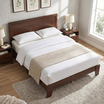 Queen Bed Frame, Mid-Century Modern Platform Bed with Headboard, Wooden Slat Support Mattress Foundation, Under-Bed