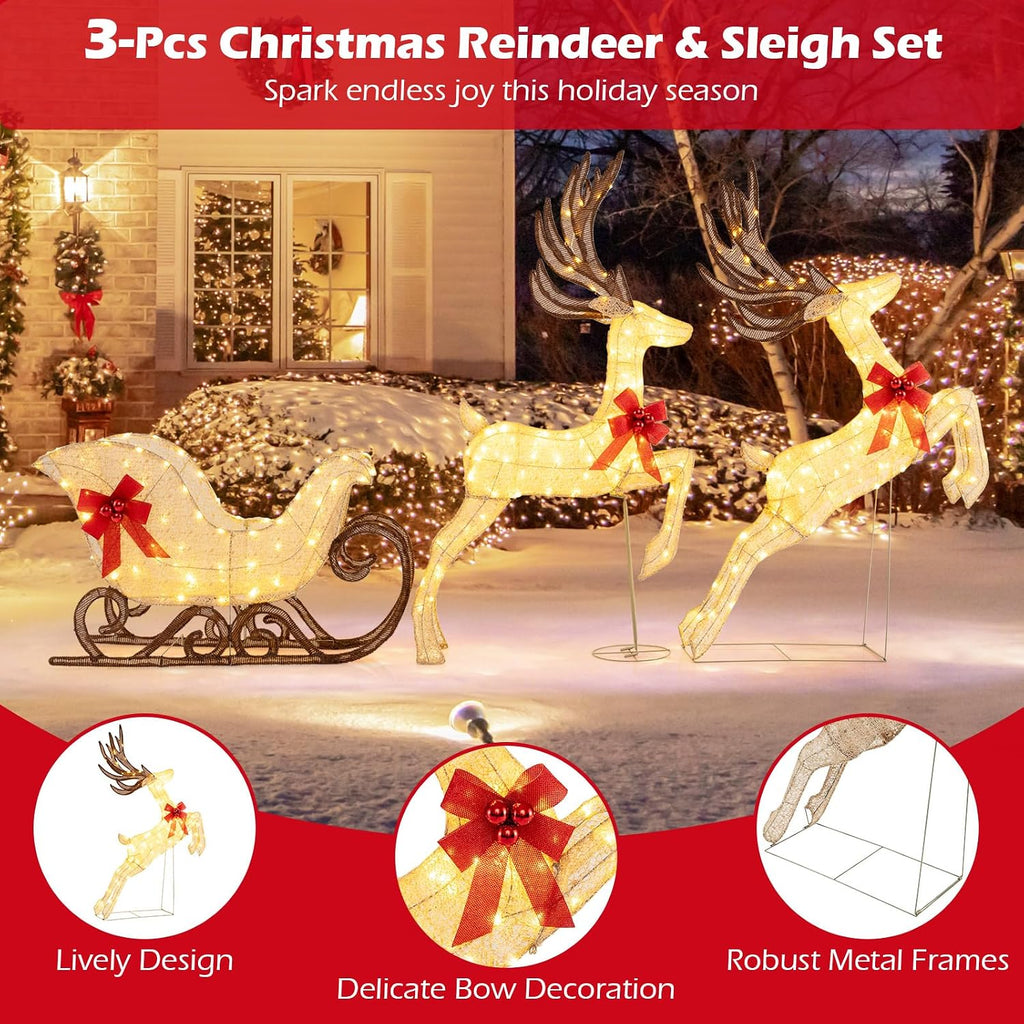 3-Piece Christmas Lighted Reindeer & Sleigh Set, Gold