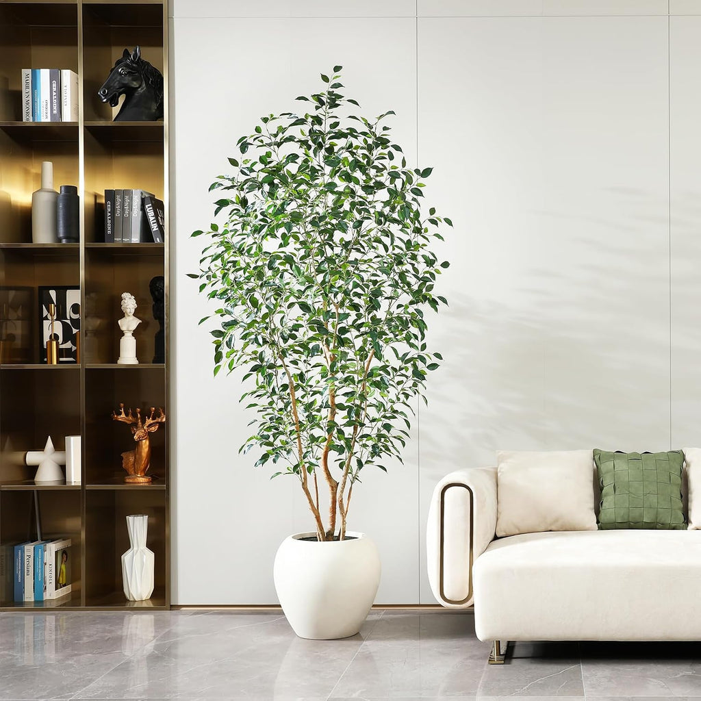 8FT Artificial Ficus Tree, Indoor Faux Ficus Plant with Realistic Leaves & Natural Wood Trunk, 8ft Tall, Green, All