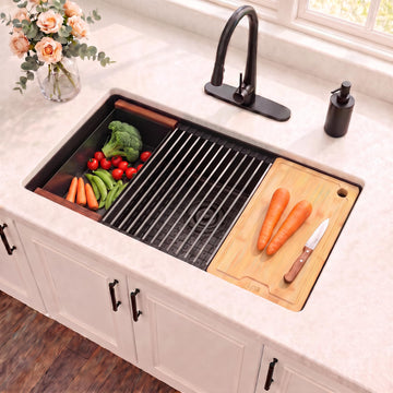 Black Undermount Kitchen Sink, 32 Inch Undermount Kitchen Workstation Sink with X-Shaped Drain Line, 10 Inch Deep