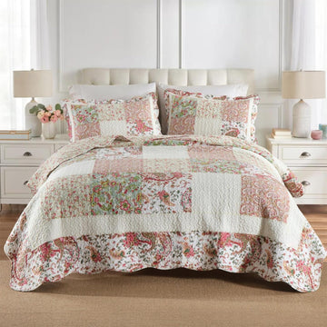 3 Pcs Cotton Paisley Patchwork Quilted Bedding Set Vintage Shabby Chic Botanical Rose Quilted Bedspread with Ruffle