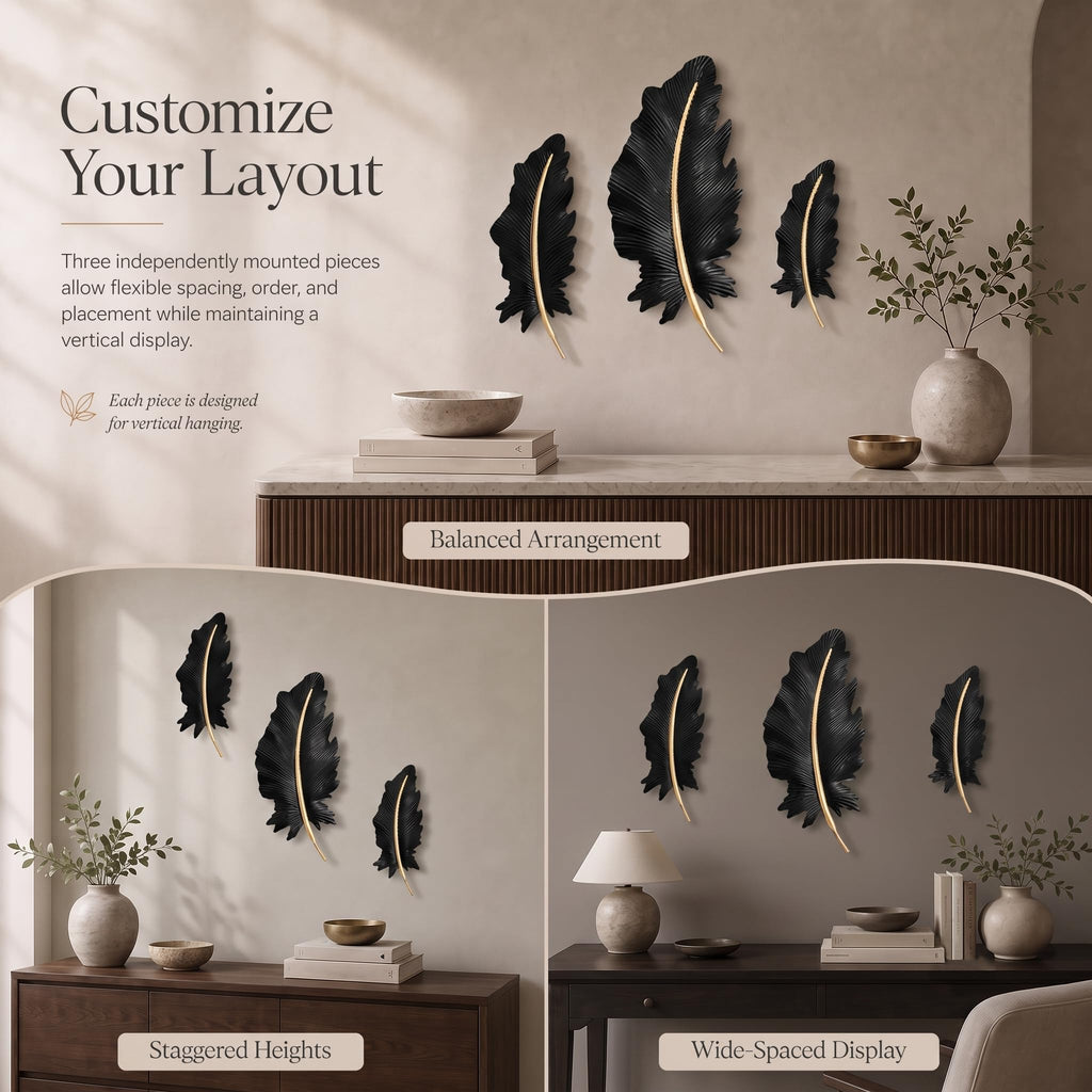 3-Piece 3D Metal Feather Wall Decor Set, Black & Gold