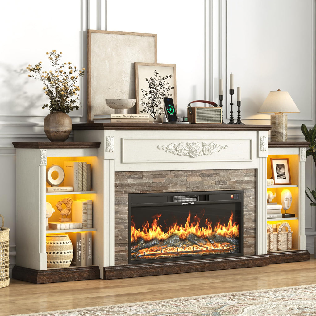 Farmhouse Fireplace with Mantel, 85" W 37.6" H TV Stand for 95" TV, White