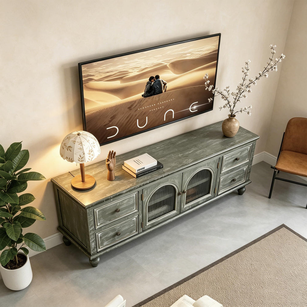 60" Solid Wood TV Stand, Media Console with Glass Doors & Drawers