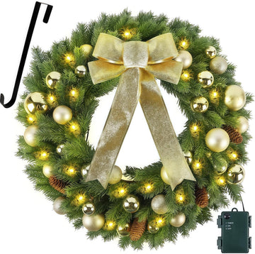 21" Lighted Christmas Wreath with Metal Hanger, Pre-lit Xmas Folded Wreath with LED Lights, Golden Bow & Balls