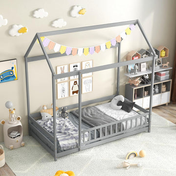 Floor House Bed, Wooden Montessori Bed with Roof &Full-Length Safety Guardrail, Floor Playhouse Bed Frame