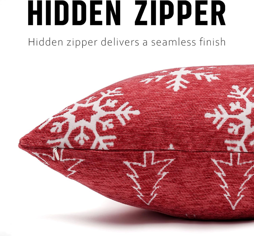 Christmas Chenille Pillow Covers 20x20, Reversible Snowflake & Tree Design, Cozy Farmhouse Holiday Throw - Set of 2