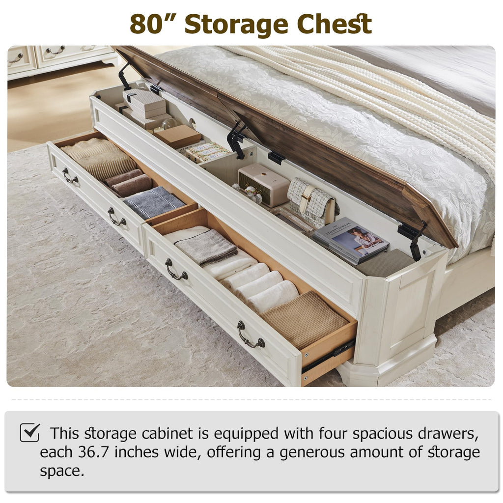Farmhouse King Bed with Headboard and Storage Bench, Antique White