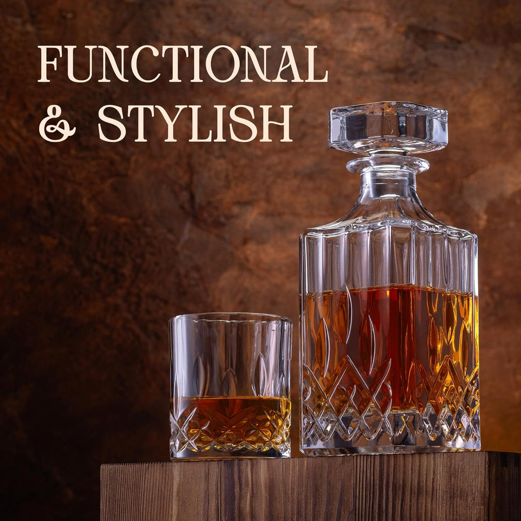 Whiskey Decanter Set - Elegant 24oz Crystal Glasses, Rustic Wood Stand, 6 Chilling Stones, Metal Tongs, Recipe Cards