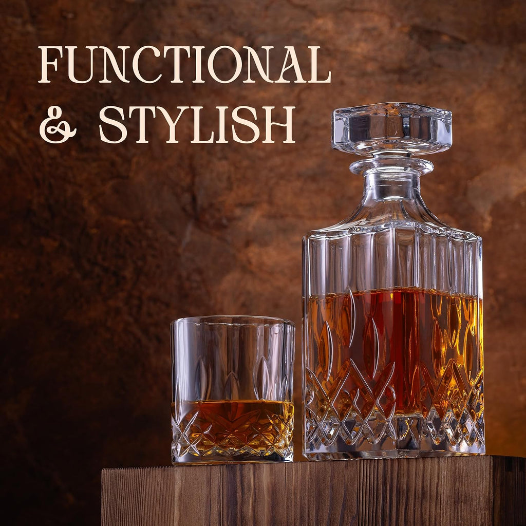 Whiskey Decanter Set - Elegant 24oz Crystal Glasses, Rustic Wood Stand, 6 Chilling Stones, Metal Tongs, Recipe Cards