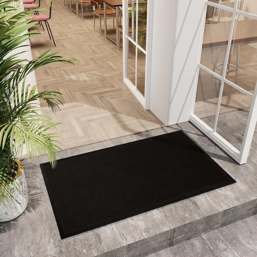 Waterproof Rubber Outdoor Doormat - Heavy-Duty Non-Slip Rubber Floor Mat with Ridge Scraper Pattern, All-Weather