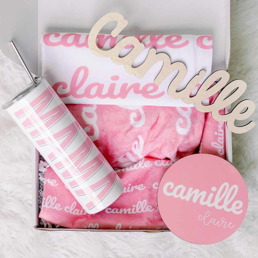 Personalized Baby Gift Set - Luxury Piece Welcome Bundle with Custom Monogrammed Ultra-Soft Baby Blanket, Feeding