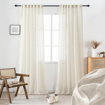Cream Sheer Linen Curtains 96 Inch Long 2 Panels Back Tab Pocket Soft Natural Light Weight Airy Semi Privacy Linen
