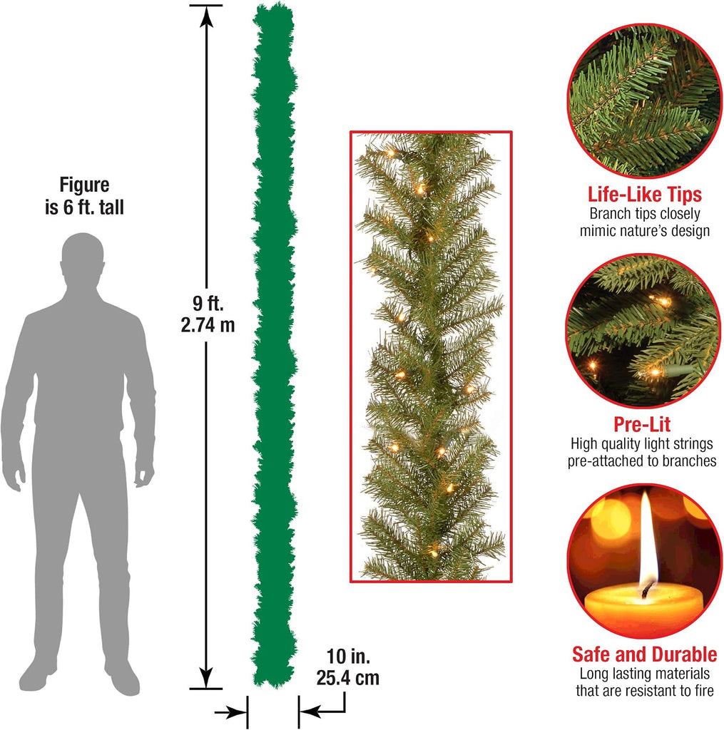 Tree Company 9ft Pre-Lit Norwood Fir Artificial Christmas Garland | 50 Clear Lights, 240 Tips, Green