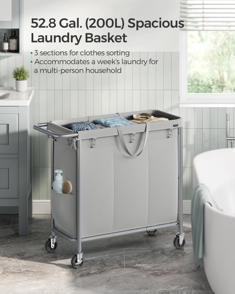 Laundry Basket with Wheels, 3-Section, 52.7 Gallons (199.5 L)