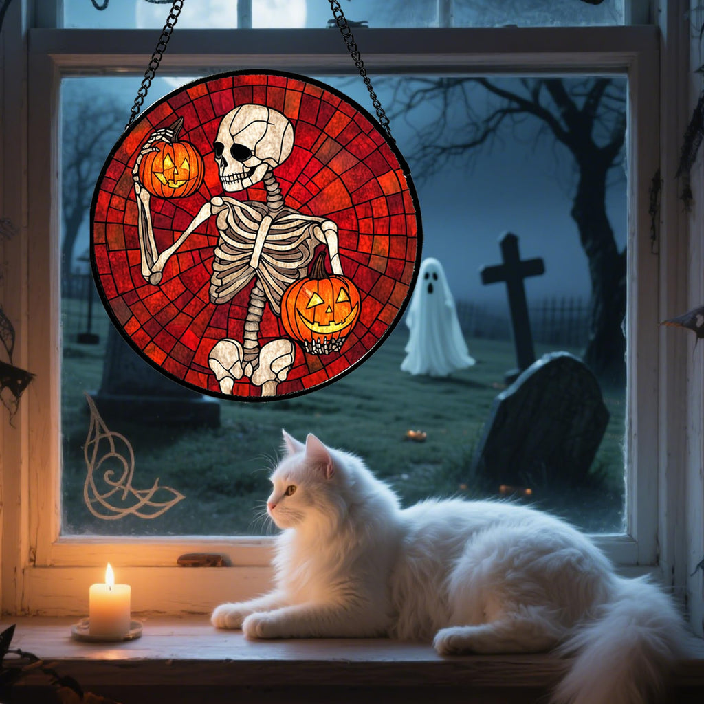 Skeleton with Pumpkins Stained Glass Window Hanging Suncatcher Gifts 6.3"