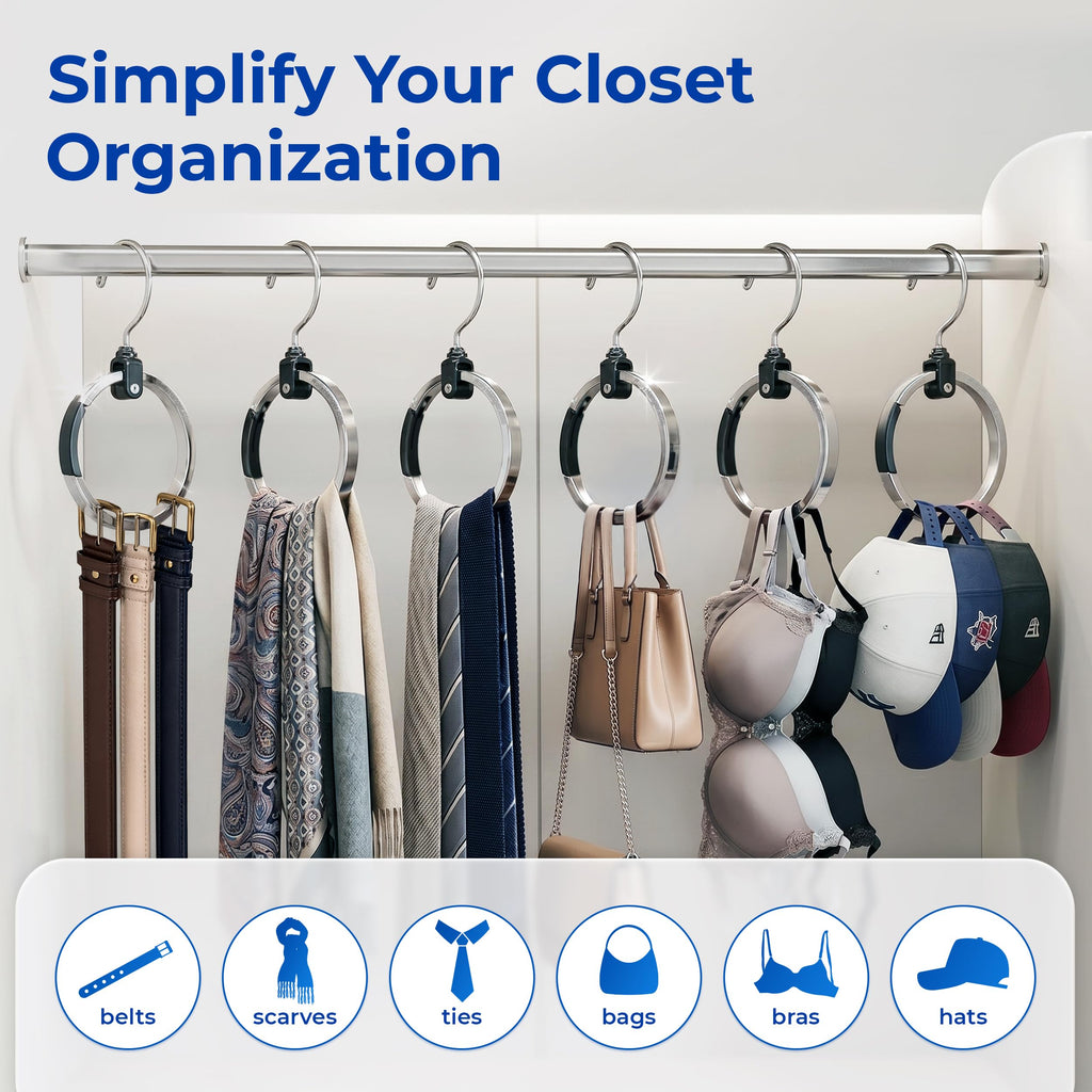 Rotating Closet Organizer, Aluminum Ring Accessory Hanger with 360° Swivel Hook & Spring Latch, Space Saving Holder