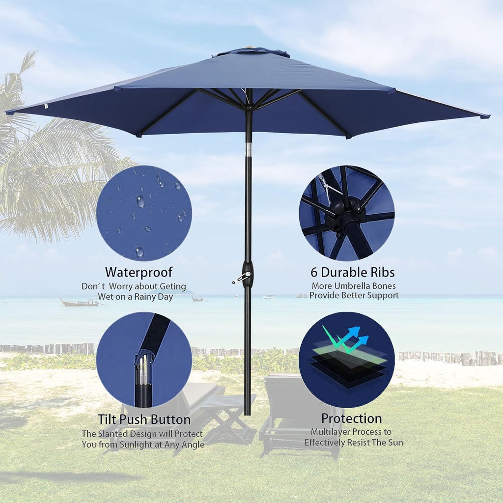 9FT Patio Umbrella Outdoor Table Umbrella,Market Umbrella with Push Button Tilt and Crank Pool, No Base (Navy Blue)