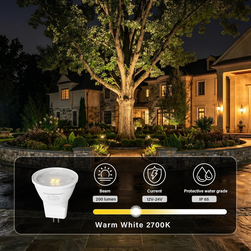 MR11 LED Bulbs GU4 Bi-Pin Base 3W 200 Lumens 2700K Warm White 12-24V AC/DC Low Voltage Bulbs for Landscape