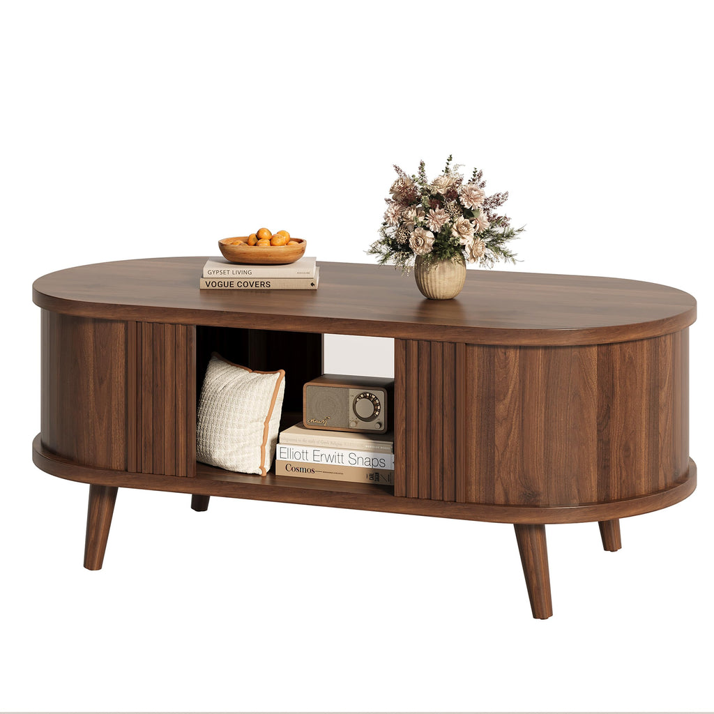 47.2" Oval Fluted Coffee Table with Storage, Fluted Mid-Century, Walnut