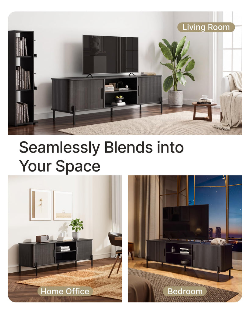 70" Mid-Century Fluted TV Stand with Storage up to 80 Inch, Black